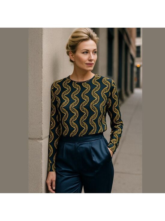 Valerie Stevens Tops - 80S VALERIE STEVENS SILK NAVY & GOLD PAISLEY PRINT LONG SLEEVE COLLARLESS BLOUSE